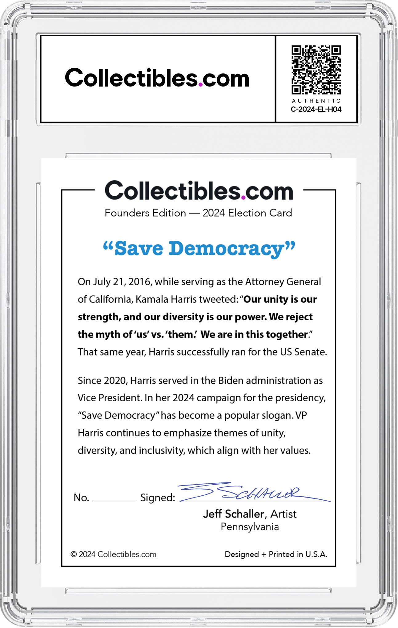 Kamala Harris "Save Democracy" Limited Edition - Hand-Signed by Artist