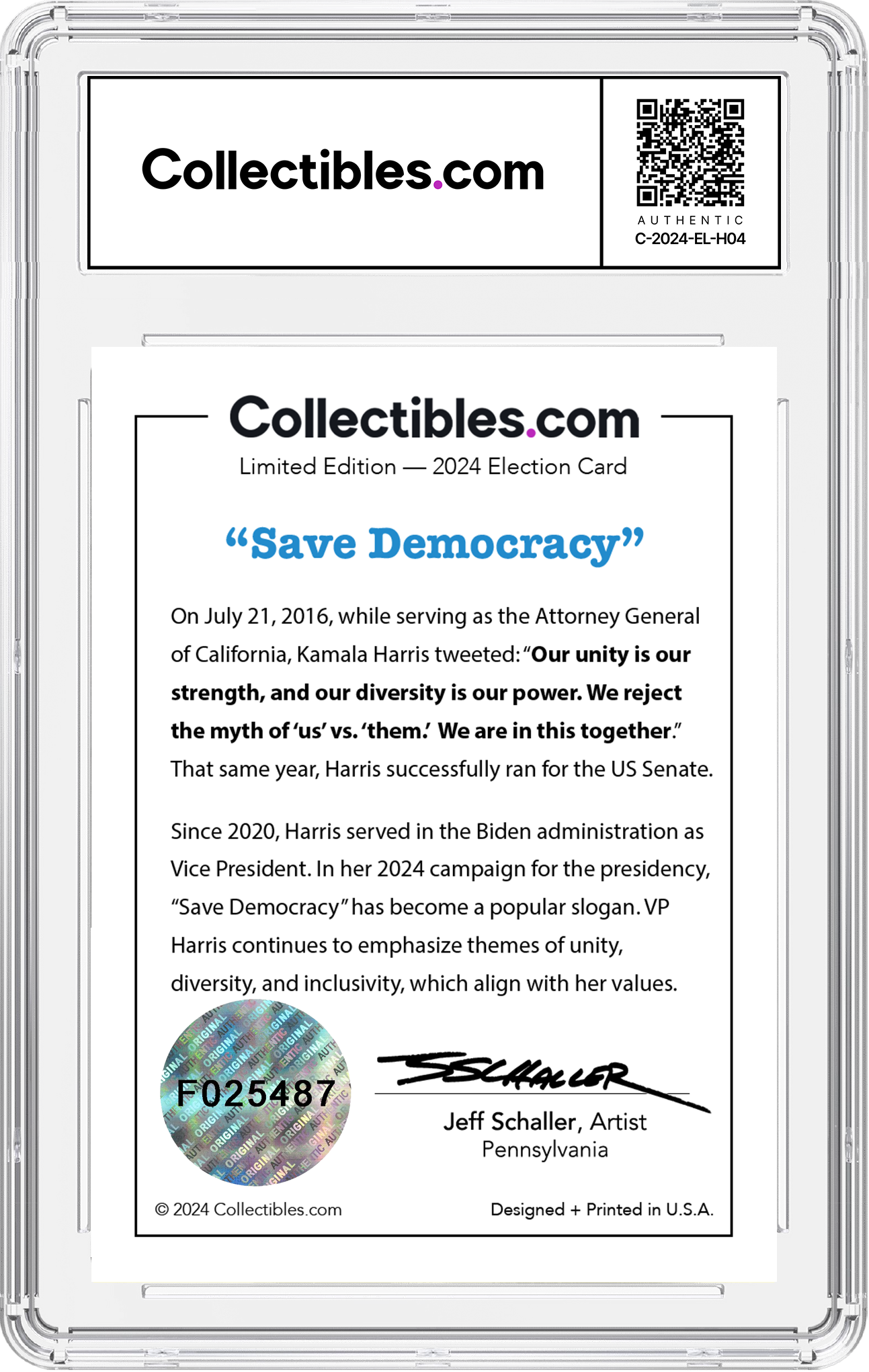Kamala Harris "Save Democracy" Limited Edition - Hologram Serial Numbered